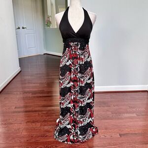 Halo Heart & Soul Black White Red Halter Beaded Embellished Maxi Dress Medium